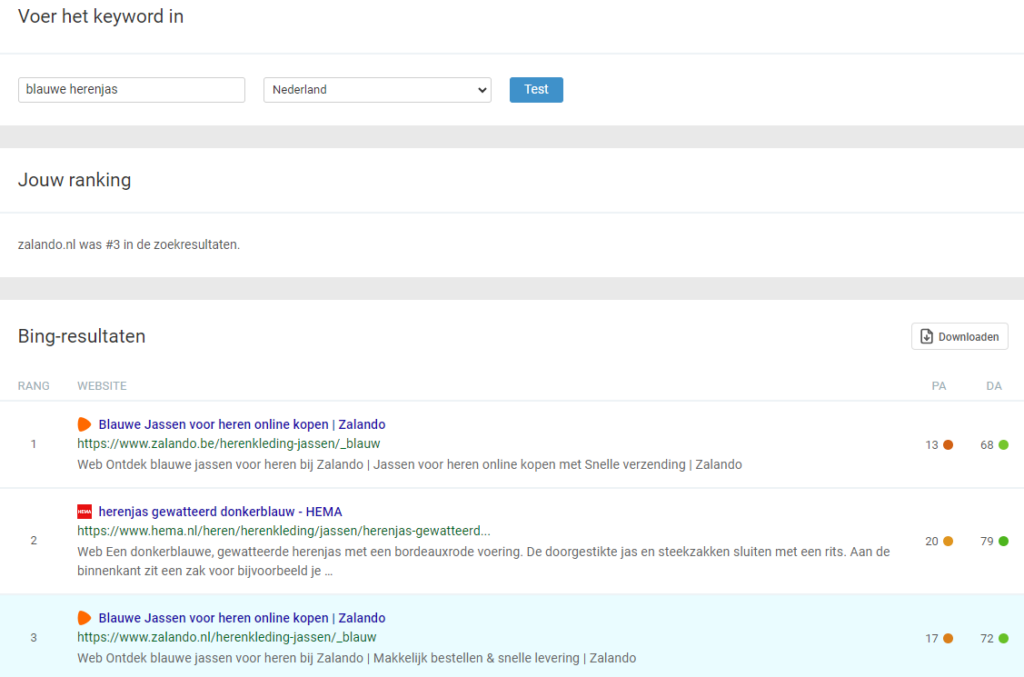 Bing SERP test tool voorbeeld Zalando